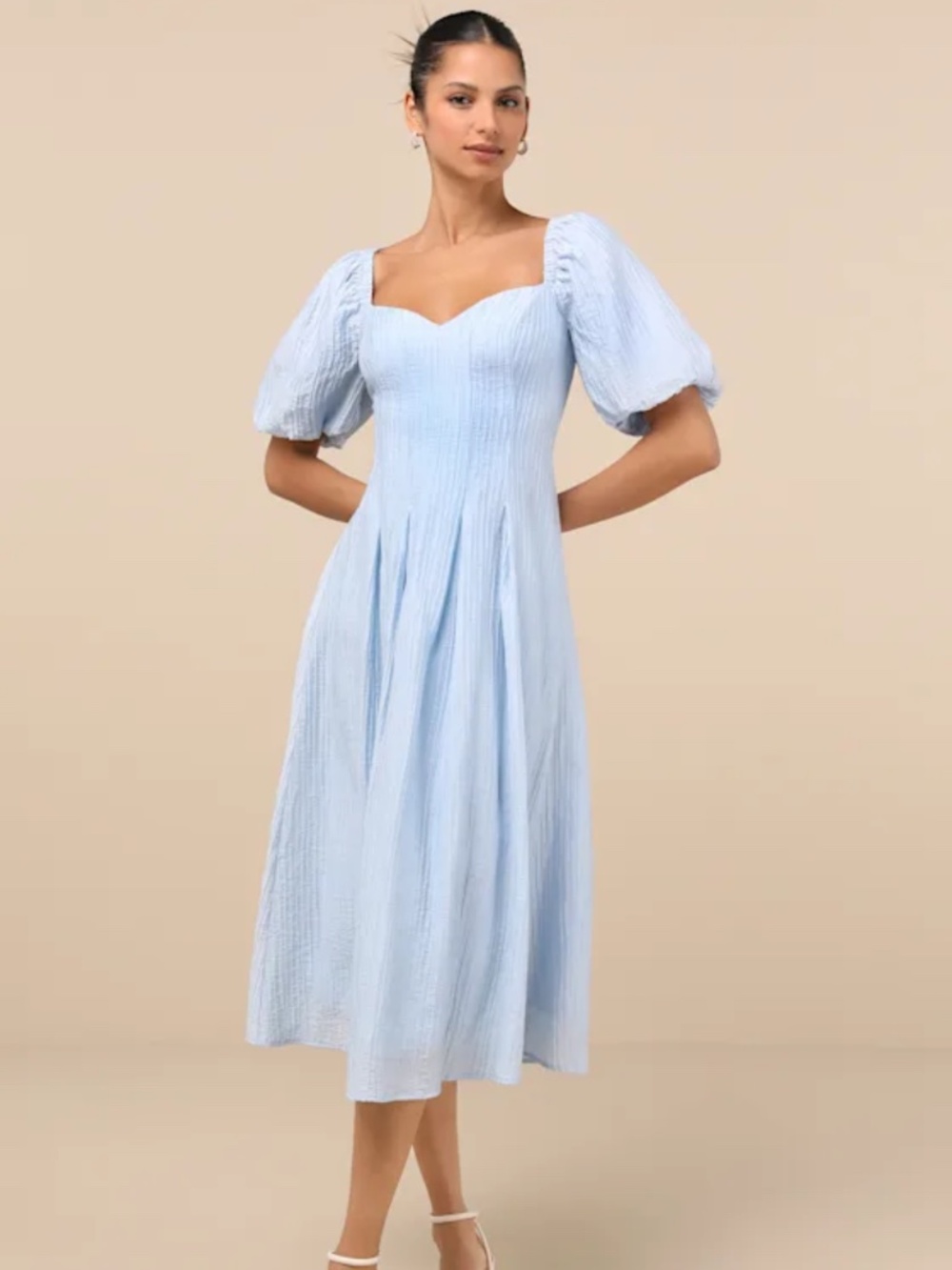 NWT Lulu’s “Heavenly Energy”Blue Textured Puff Sleeve Pleated Midi Dress, Size S